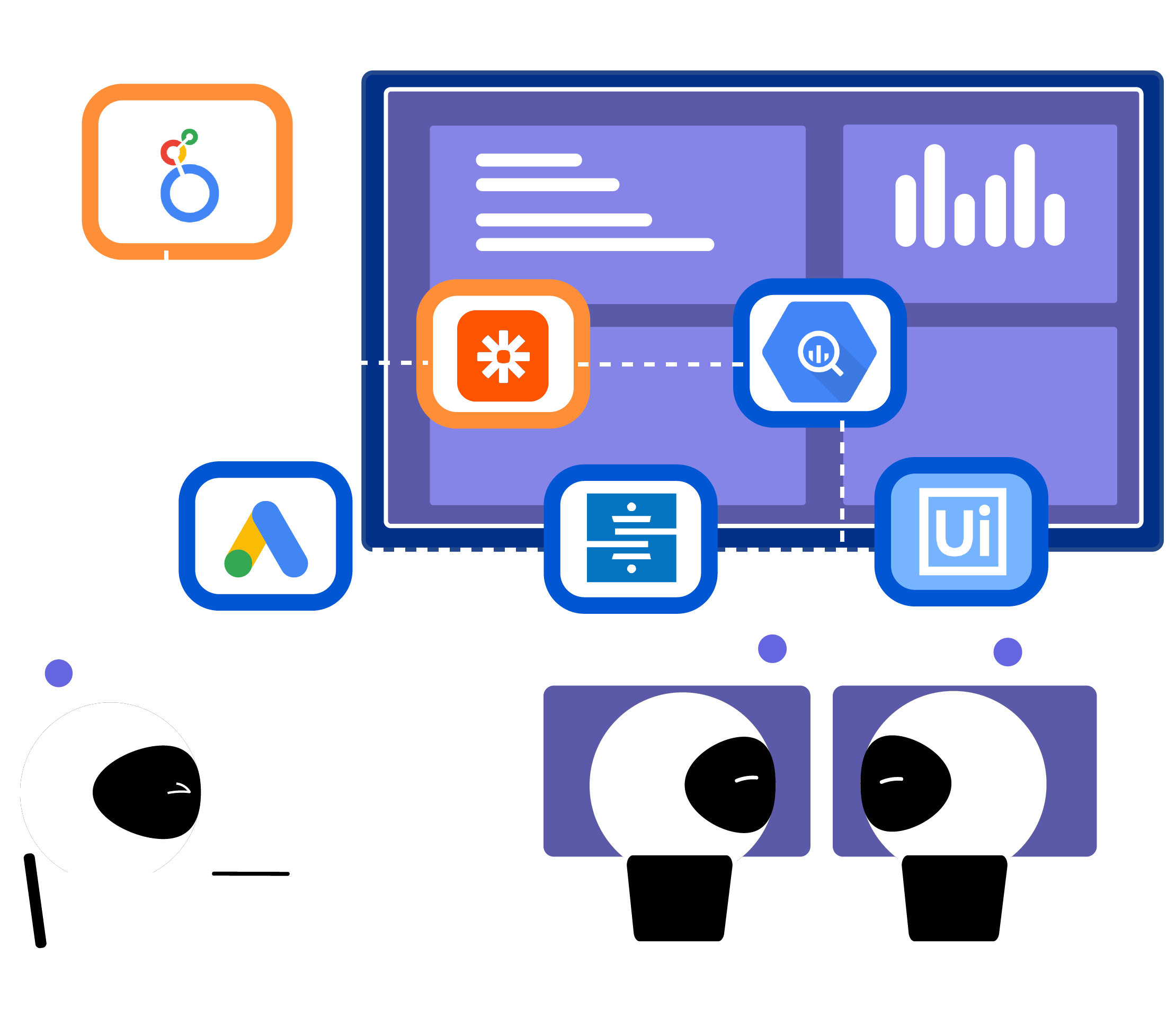 Drawing: marketyze mascots at screens joined by tracking and data tools